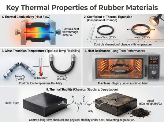Key thermal properties of rubber materials chart, showing heat flow, thermal expansion, glass transition, heat resistance, and stability