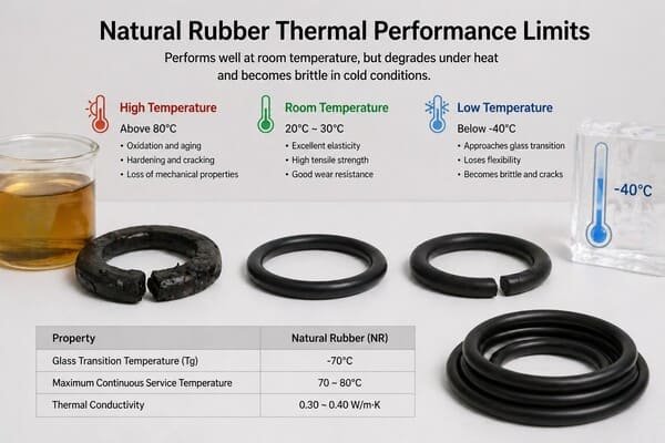 Natural rubber thermal performance limits chart, showing degradation at high heat and brittleness in low temperature conditions
