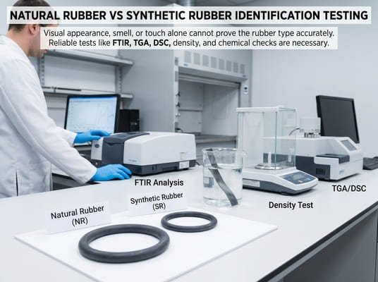 Natural rubber vs synthetic rubber identification testing, showing FTIR analysis, density testing, and TGA DSC methods for rubber material verification