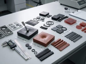 Rubber resilience comparison, EPDM, natural rubber, and silicone rubber samples with O-rings, strips, and test tools on a lab table
