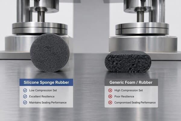 Silicone sponge rubber compression test, round profile keeps shape while generic foam sample stays flattened under repeated load