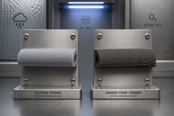 Silicone sponge outdoor exposure comparison, intact light gray seal beside cracked generic foam after UV ozone and weather testing