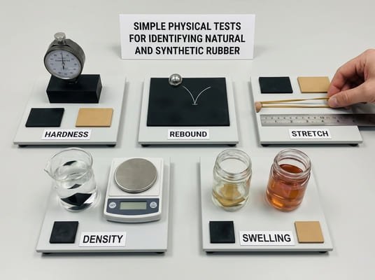 Simple physical tests for identifying natural and synthetic rubber, including hardness, rebound, stretch, density, and swelling comparison