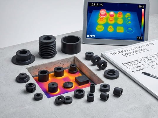 Thermal conductivity comparison of rubber parts, with infrared camera display showing heat distribution across different rubber components