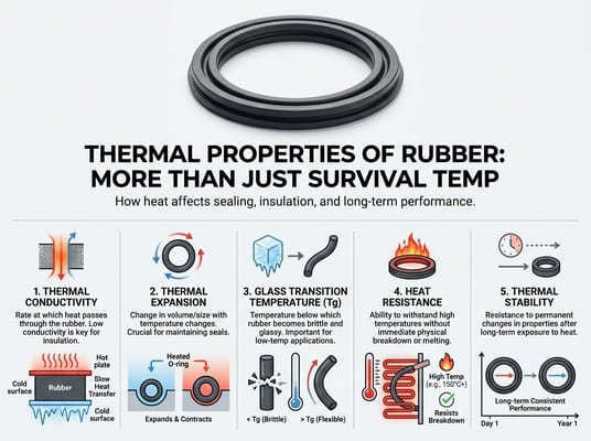 Thermal properties of rubber infographic, covering thermal conductivity, expansion, glass transition temperature, heat resistance, and stability