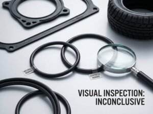 Visual inspection of natural and synthetic rubber seals, showing similar-looking rubber parts with a note that appearance alone is inconclusive