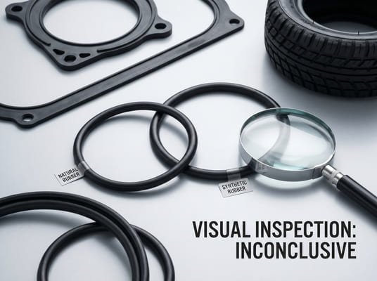 Visual inspection of natural and synthetic rubber seals, showing similar-looking rubber parts with a note that appearance alone is inconclusive