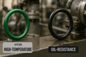 A comparison of two O-rings—one green (Viton) and one black (nitrile)—placed side by side