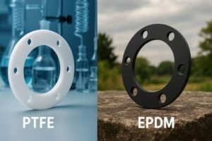 PTFE vs EPDM flange gaskets comparison, white PTFE gasket in laboratory background showing chemical resistance, black EPDM gasket outdoors highlighting weather and water sealing applications.
