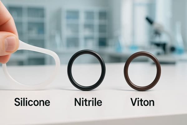 A comparison of three O-rings—Silicone, Nitrile, and Viton—placed side by side, with the silicone O-ring visibly stretched to demonstrate its flexibility