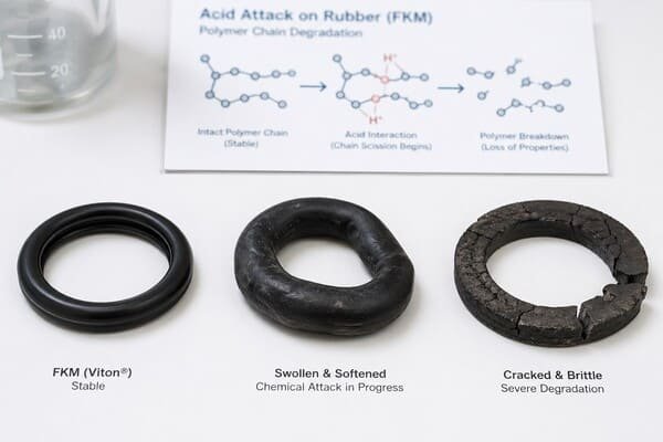 acid damage on rubber seals showing swelling and cracking