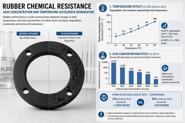 Rubber chemical resistance infographic, showing EPDM gasket degradation under sulfuric acid with temperature and acid concentration effects