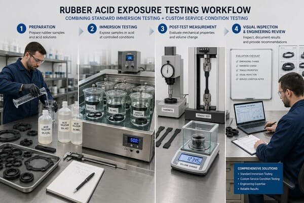 Laboratory testing setup for rubber acid resistance, with rubber samples immersed in acid solutions and ASTM D471 test materials on trays