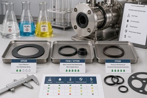 Selection guide for acid-resistant rubber materials, comparing EPDM, FKM Viton, and FFKM seals for chemical service conditions
