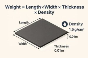 Rubber sheet weight calculation formula: Weight = Length × Width × Thickness × Density, with example thickness 0.01 m and density 1.5 g/cm³.