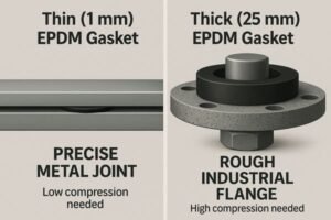 Thin vs thick EPDM gasket comparison, 1mm gasket for precise metal joints with low compression, 25mm gasket for rough industrial flanges requiring high compression.