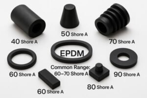 EPDM rubber hardness comparison, molded parts from 40 to 90 Shore A, with common range 60–70 Shore A for industrial sealing and gasket applications.