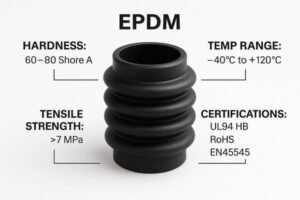 EPDM rubber bellow with specifications, hardness 60–80 Shore A, tensile strength >7 MPa, temperature range -40°C to +120°C, UL94 HB, RoHS, EN45545 certified.