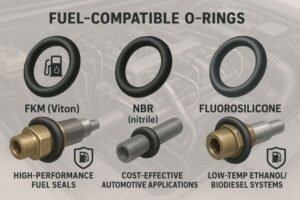 Fuel-compatible O-rings comparison, FKM Viton for high-performance fuel seals, NBR nitrile for cost-effective automotive use, and fluorosilicone for low-temp ethanol biodiesel systems.