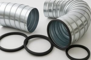 HVAC rubber seals fitted on spiral duct pipes, black gaskets ensuring airtight connection and noise reduction in ventilation systems.