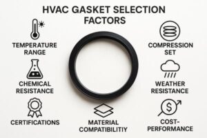 HVAC gasket selection factors, black sealing ring with icons highlighting temperature range, chemical resistance, compression set, certifications, and cost-performance.