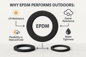 Why EPDM performs outdoors, gasket with UV resistance, ozone resistance, flexibility in heat and cold, and watertight sealing for reliable outdoor use.