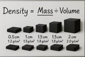 Visual explanation of density formula (Density = Mass ÷ Volume) with black cubes of different sizes and densities ranging from 1.2 g/cm³ to 2.0 g/cm³.