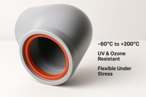 High temperature silicone gasket in plastic pipe fitting, orange seal rated -60°C to +200°C, UV and ozone resistant, flexible under stress for HVAC use.