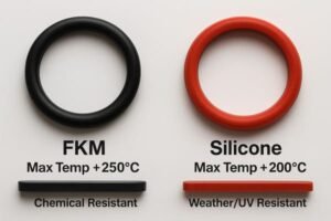 FKM vs silicone O-rings comparison, black FKM with +250°C chemical resistance and red silicone with +200°C weather and UV resistance.