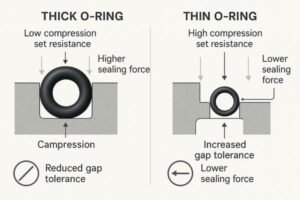 Comparison of thick vs thin O-rings showing sealing force, compression set resistance, and gap tolerance differences in industrial sealing applications.
