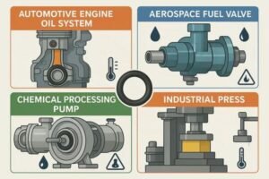O-ring applications in automotive engine oil systems, aerospace fuel valves, chemical processing pumps, and industrial presses for sealing reliability.