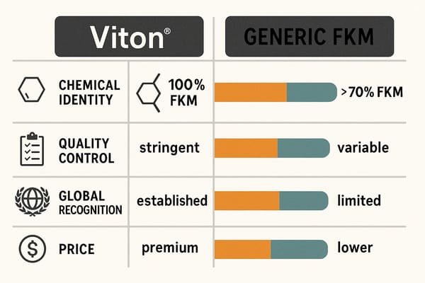 Comparison chart of Viton vs generic FKM rubber: Viton offers 100% FKM content, stringent quality control, global recognition, and premium price, while generic FKM has >70% content, variable quality, limited recognition, and lower cost