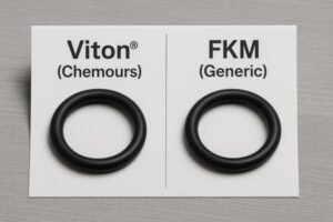 Side-by-side comparison of Viton O-ring from Chemours and a generic FKM O-ring, showing differences in brand quality and reliability despite similar appearance.