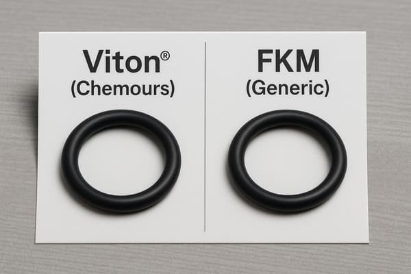Side-by-side comparison of Viton O-ring from Chemours and a generic FKM O-ring, showing differences in brand quality and reliability despite similar appearance