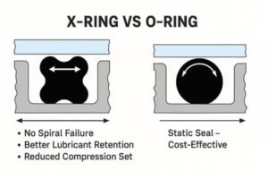X-ring vs O-ring comparison, quad ring with better lubricant retention and reduced compression set versus cost-effective static seal O-ring.