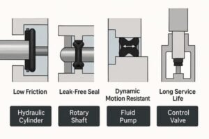 Seal applications in hydraulic cylinder, rotary shaft, fluid pump, and control valve, showing low friction, leak-free seal, dynamic motion resistance, and long service life.