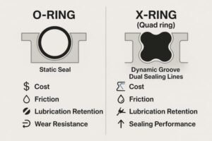 O-ring vs X-ring comparison, static seal O-ring versus dynamic groove quad ring with dual sealing lines, showing differences in cost, friction, lubrication retention, and sealing performance.