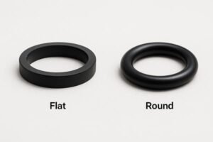 Flat vs round O-rings comparison, black rubber sealing rings showing difference in cross-section shape for industrial and mechanical sealing applications.
