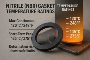 Nitrile NBR gasket temperature ratings, max continuous 120°C (248°F), short-term peak 135°C (275°F), with deformation risk above safe limits.