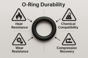 O-ring durability factors, black rubber seal with icons showing heat resistance, chemical compatibility, wear resistance, and compression recovery.