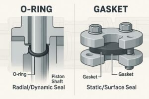 O-ring vs gasket comparison, O-ring used for radial and dynamic piston shaft sealing, gasket for static and surface sealing in flanged joints.
