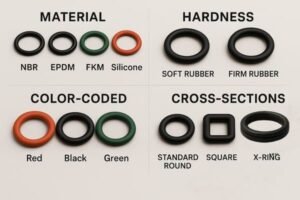 O-ring selection guide, comparison by material NBR EPDM FKM silicone, hardness soft vs firm rubber, color coding red black green, and cross-sections round square X-ring.
