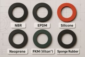 Rubber gasket material comparison, showing NBR, EPDM, silicone, neoprene, FKM Viton, and sponge rubber gaskets for diverse sealing applications.