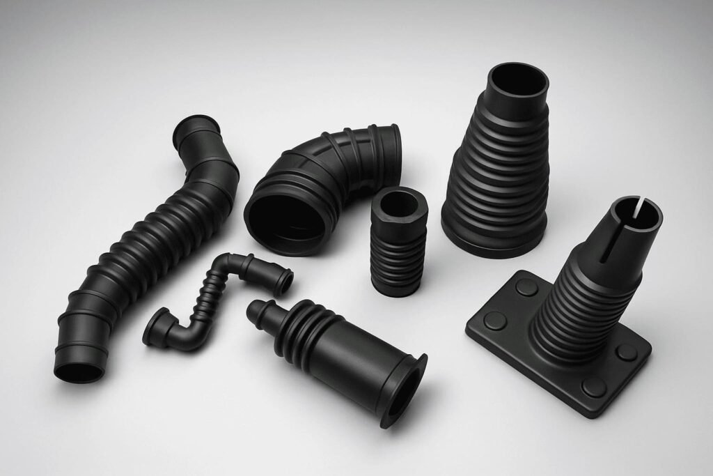 Custom rubber bellows, various shapes and sizes, black corrugated flexible parts, used for machinery dust protection and automotive sealing applications.