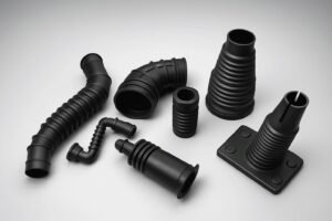 Custom rubber bellows, various shapes and sizes, black corrugated flexible parts, used for machinery dust protection and automotive sealing applications.