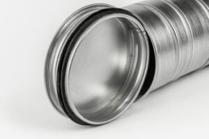 Rubber gasket for spiral air duct cap, integrated EPDM seal on galvanized steel fitting, ensures airtight HVAC connection.