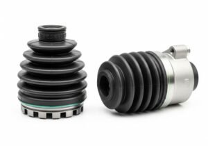 Convoluted rubber bellows for automotive applications, black flexible dust boots, metal retaining rings, used for CV joints and drive shaft protection.