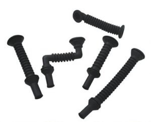 Automotive wiring harness grommets, black flexible rubber, corrugated design, protect vehicle cables, prevent wear and dust in door assemblies.