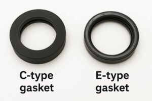 C-type vs E-type grooved gaskets, black EPDM rubber seals shown side-by-side on white background, highlighting structural differences for coupling use.