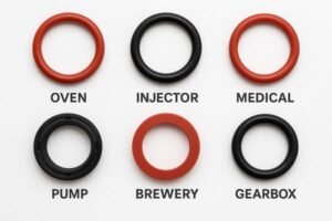 Silicone and FKM O-rings for oven, injector, medical, pump, brewery, and gearbox applications, red and black seals shown by use case.